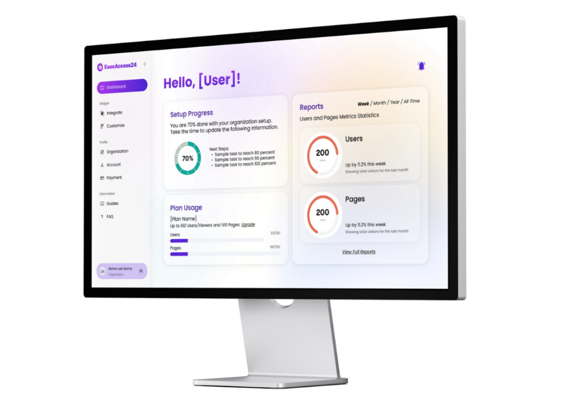 EaseAccess24 web dashboard preview showing user stats and setup progress on desktop screen.